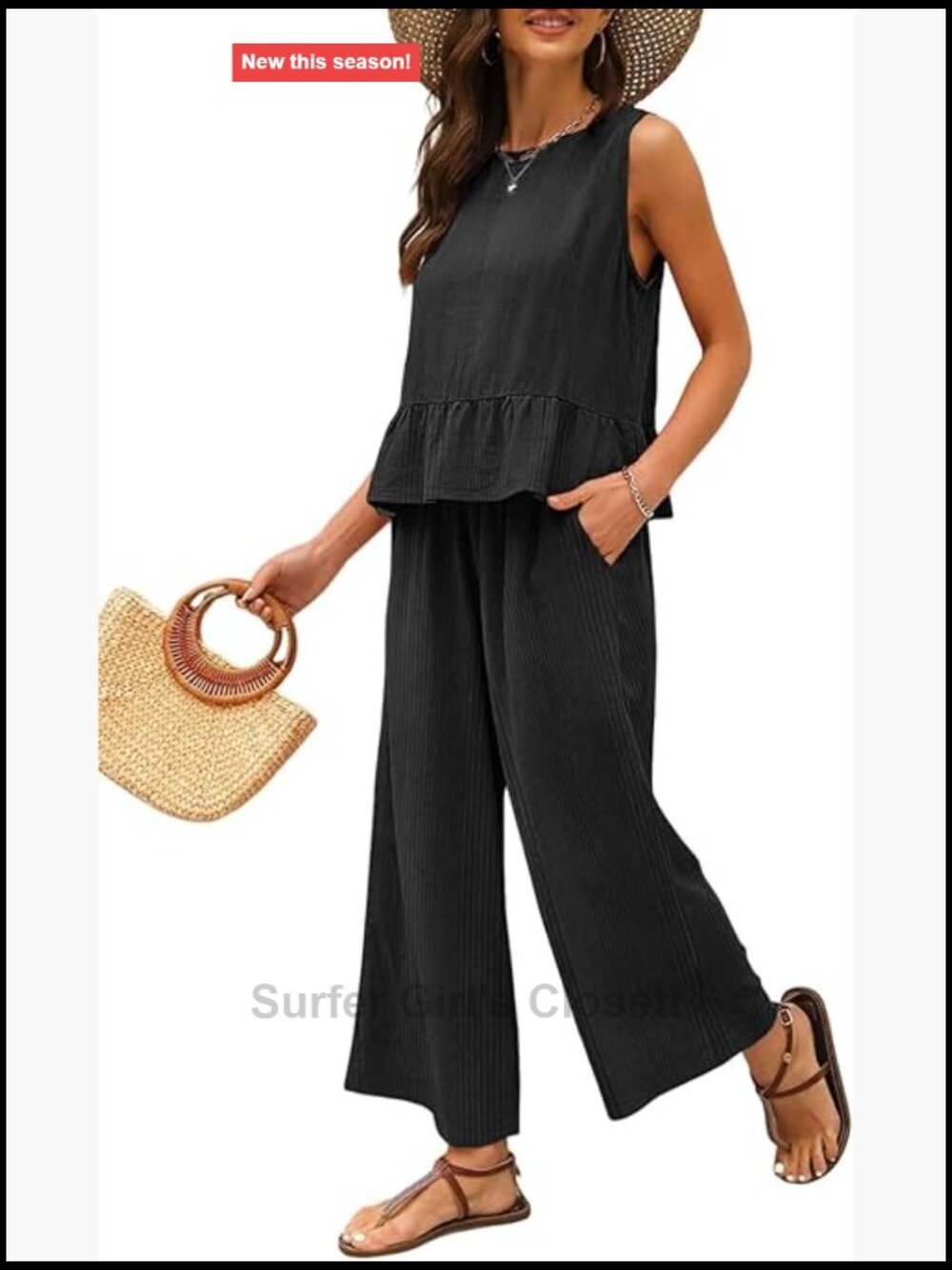 Womens 2 Piece Lounge Set Sleeveless Ruffle Tank & Wide Leg Pants